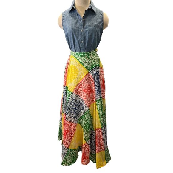 Retro 70s Malbe Maxi Skirt Vtg Sz 7 Bandana Print Red Green Primary Boho Hippy - Picture 2 of 14